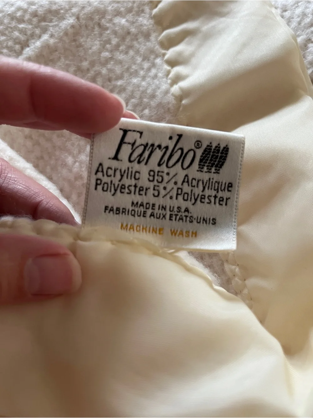 Vintage Faribo Blanket QUEEN Ivory Fluff Loomed Acrylic Satin Trim USA
